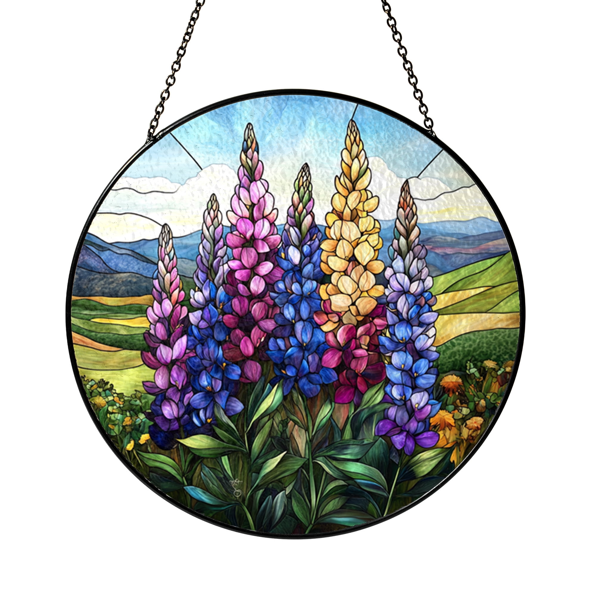 Faux Stained Glass Lupine Window Panel, Botanical Hanging Art