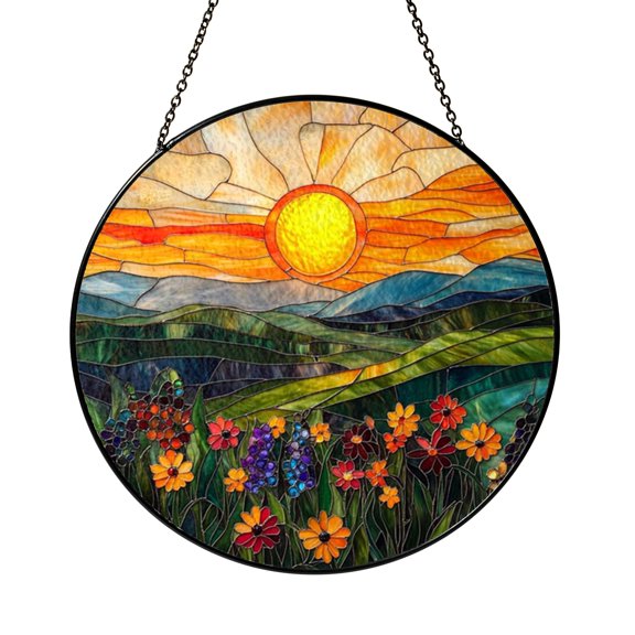 Faux Stained Glass Mountain Range Window Suncatcher, Scenic Light Decor, Wildflower Wall Accent Gift