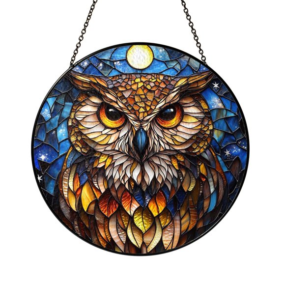 Faux Stained Glass Owl Galaxy Suncatcher Window Hanging, Dark Celestial Home Window Decor