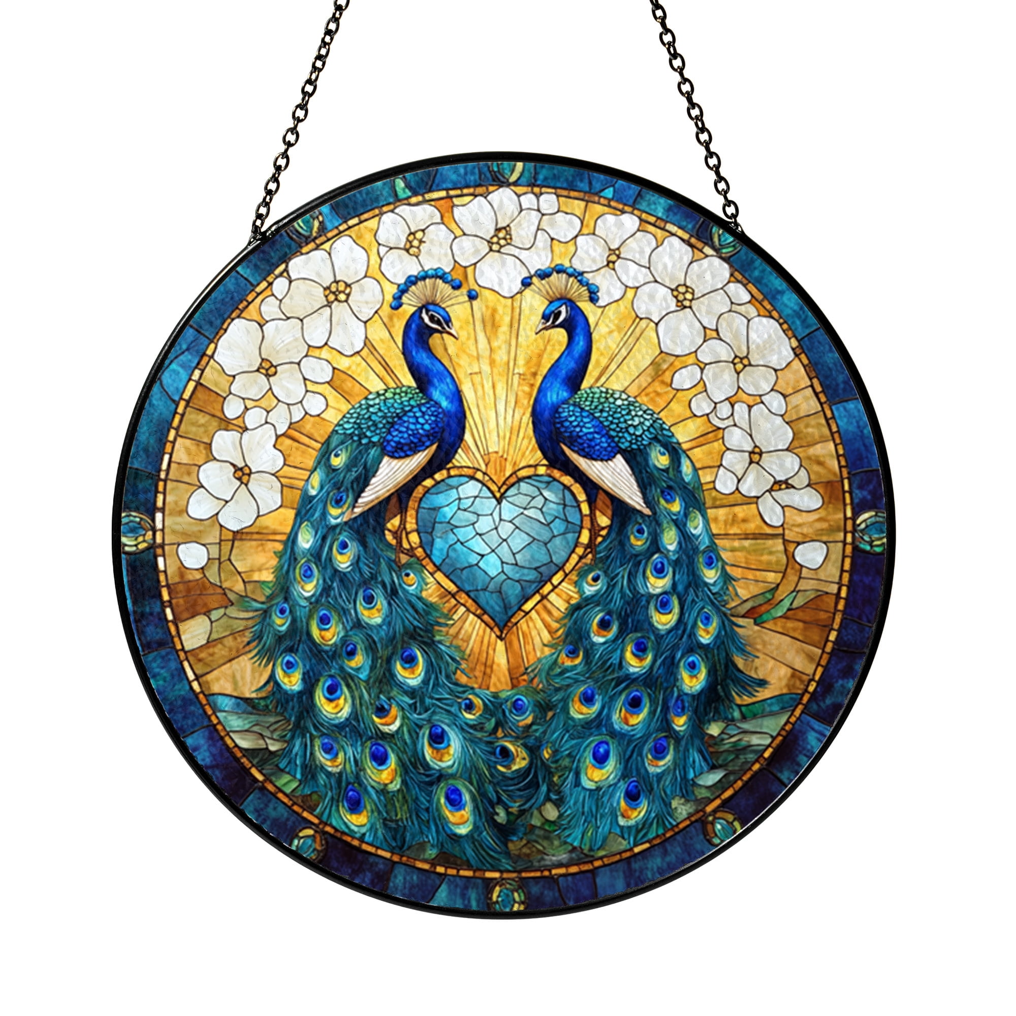 Faux Stained Glass Peacock Love Birds Round Suncatcher Window Hanging Panel for Home Decor Elegant Wedding Anniversary Theme