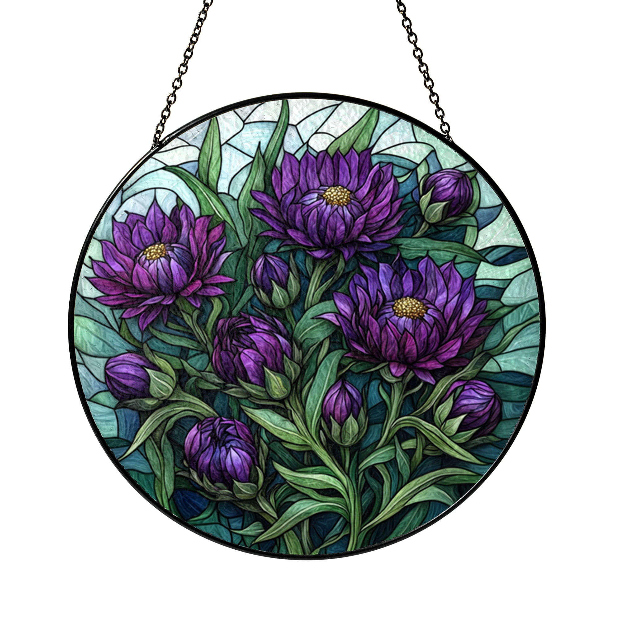 Faux Stained Glass Purple Thistles Panel, Flower Window Decoration