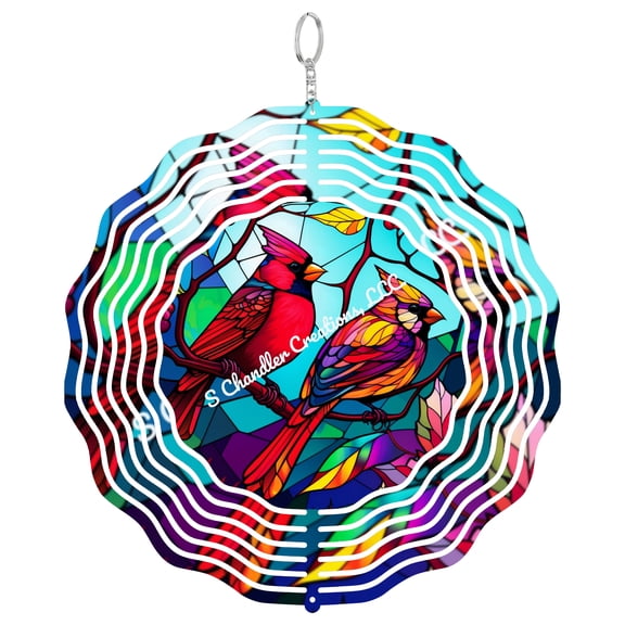 Faux Stained Glass Red Cardinal 3D Wind Spinner Winter Bird Memorial Garden Art