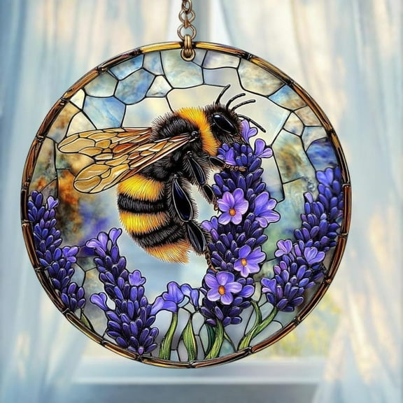 Faux Stained Glass Suncatcher - Bumblebee & Lavender Window Hanging - Garden-Inspired Nature Gift For Spring Decor Lovers