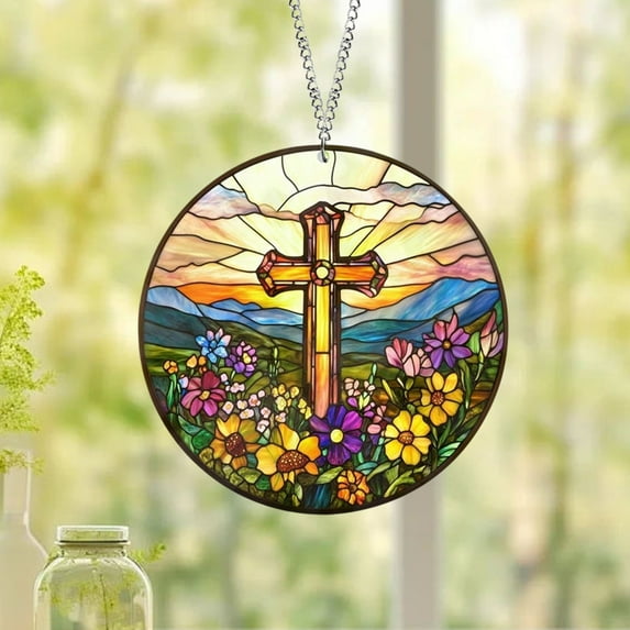 Faux Stained Glass Suncatcher with Flower and Christ Design,Religious Window Hanging Decor for Home and Church,Colorful Bible Verse Wall Art for Spiritual Inspiration,15cm Silver Chain Package