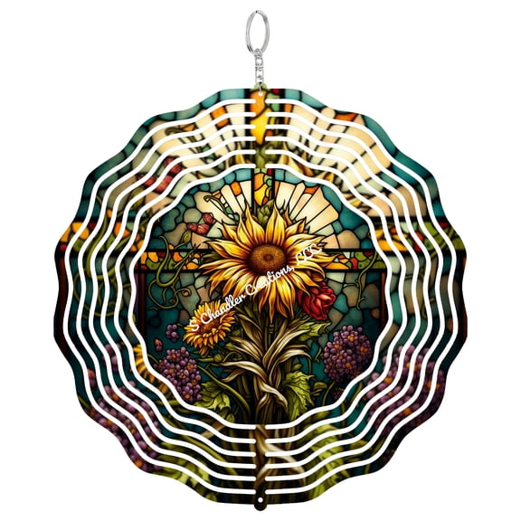 Faux Stained Glass Sunflower Roses 3D Wind Spinner Floral Garden Hanging Decor