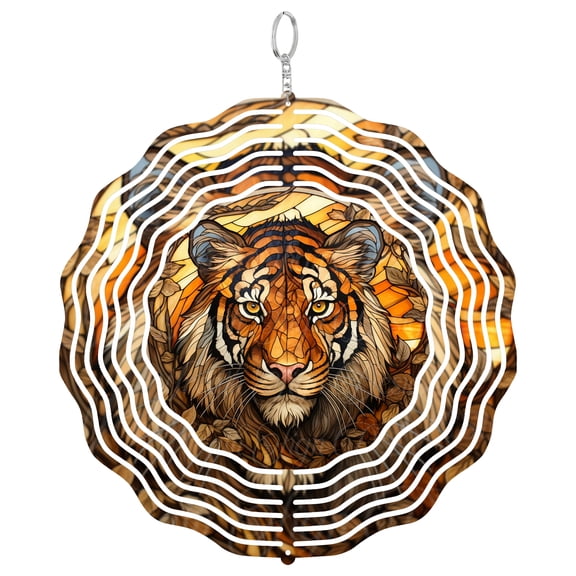 Faux Stained Glass Tiger 3D Wind Spinner Stainless Steel Kinetic Art Wild Animal Decor Gift