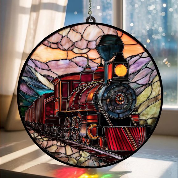 Faux Stained Glass Train Suncatcher, Train Window Hanging for Garden, Farmhouse Train Decor, Perfect Gift for Dad, Train Gift for Kid