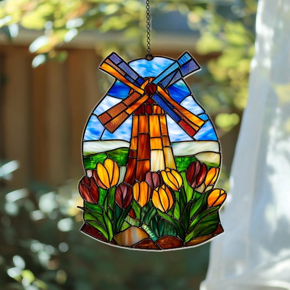 Faux Stained Glass Windmill Suncatcher, Windmill Window Hanging, Farmhouse and Garden Decor, Windmill Lover Gift for Home
