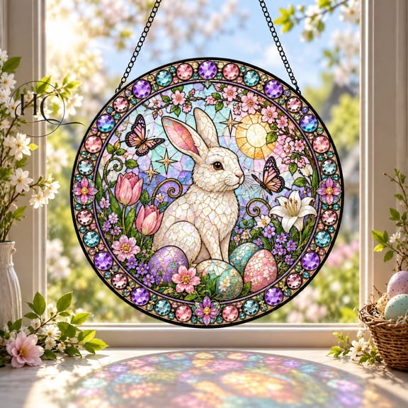 Faux Stained Glass Window Hanging Suncatcher Bunny Pastel Eggs and Spring Flowers for Easter