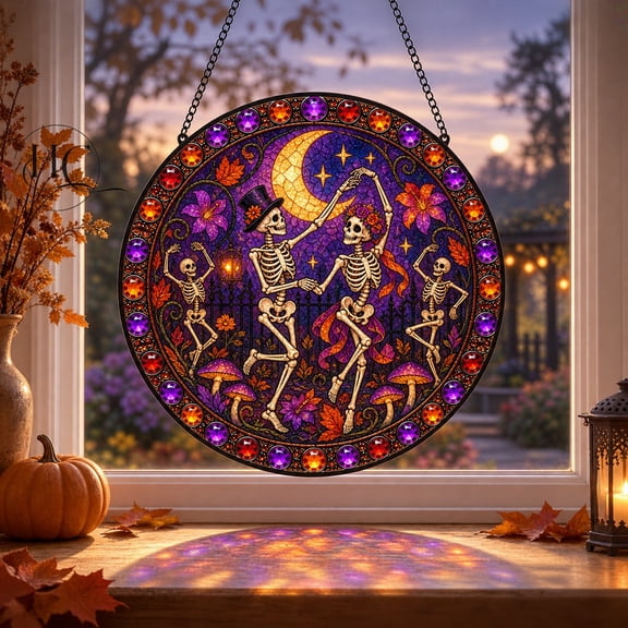 Faux Stained Glass Window Hanging Suncatcher, Dancing Skeleton Moonlit Garden Ornament for Halloween