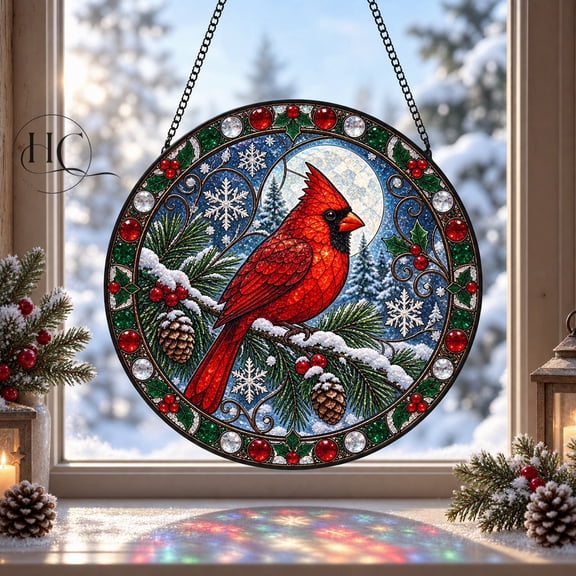 Faux Stained Glass Window Hanging Suncatcher Red Cardinal and Snowy Pine Christmas Gift