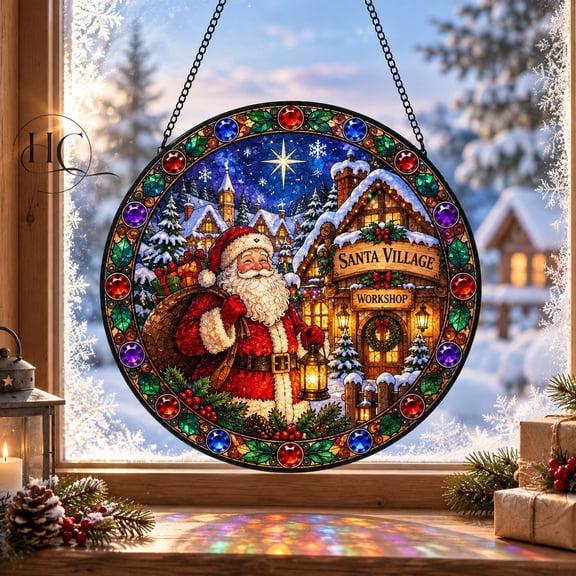 Faux Stained Glass Window Hanging Suncatcher, Santa Village Workshop for Christmas Decor