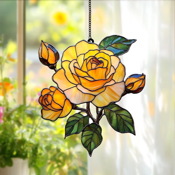 Faux Stained Glass Yellow Rose Suncatcher, Floral Acrylic Window Hanging, Home Decor Gift for Garden Lovers and Boho Aesthetic 1904533089