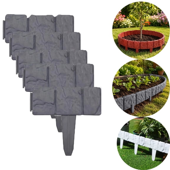 Faux Stone Garden Fence, Cobbled Effect Lawn Edging Border, No-Dig Plastic Landscape Fencing for Flower Beds & Path Decor, Interlocking Decorative Panels for Landscaping Flower Beds Yard(5 pcs)