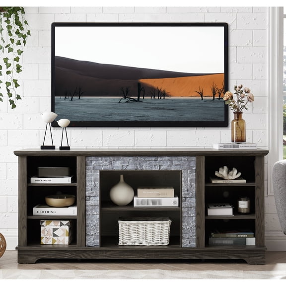 Faux Stone Grey TV Stand, 6 Cable Cutouts, Classic Style - Blend in Home Decor with Storage