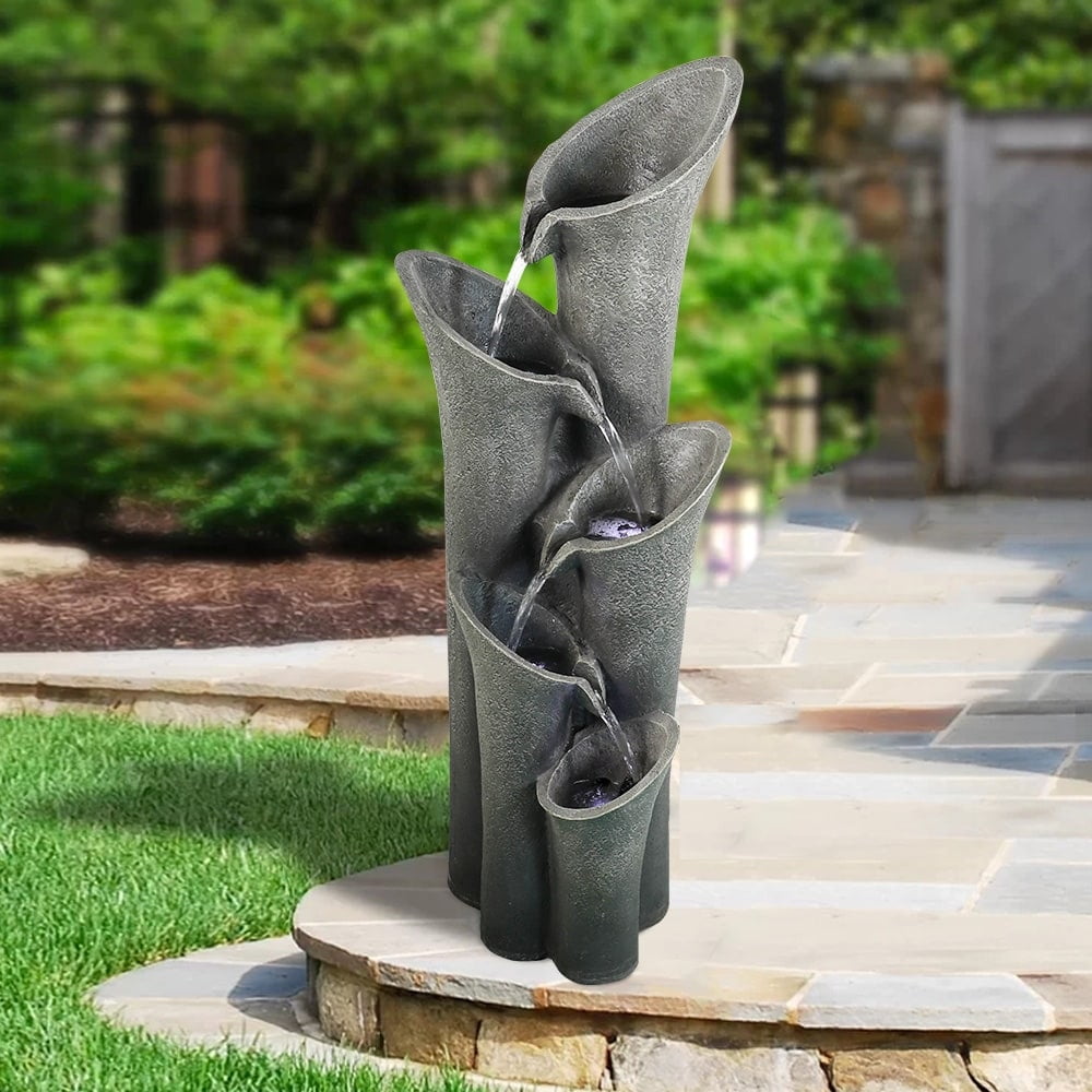 Grey Polyresin 39.4" LED 5-Tier Outdoor Waterfall Fountain