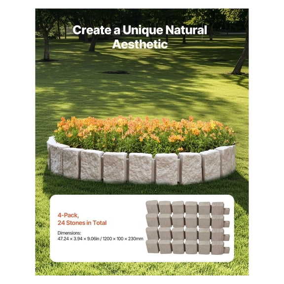Faux Stone Landscape Edging, 47.2 x 9 in Realistic Lawn Edging, Flexible Brick-Sized Garden Edging Border with Anchoring Spikes, Fade-Resistant Yard Edging for Driveways Walkway Beige