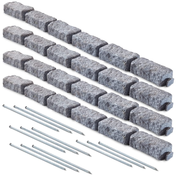 Faux Stone Landscape Edging for Lawns, Garden Borders, Flower Beds, Pathways, Yard Design, 4 Packs of 6 Bricks, 48L x 4W x 2.25H Inches, 12 Spikes, Gray