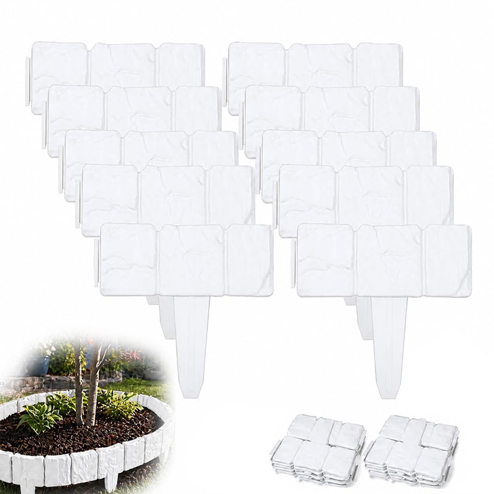 Faux Stone Landscape Edging, No-Dig Plastic Garden Border Fence, Interlocking Lawn Edging for Flower Beds & Pathways