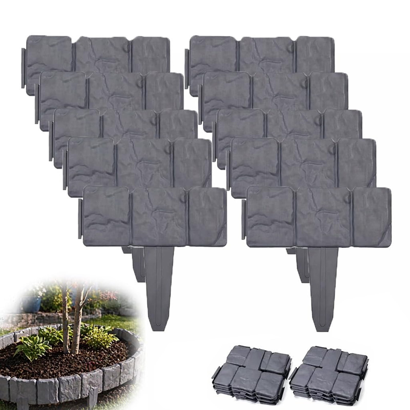Faux Stone Landscape Edging, No-Dig Plastic Garden Border Fence, Interlocking Lawn Edging for Flower Beds & Pathways