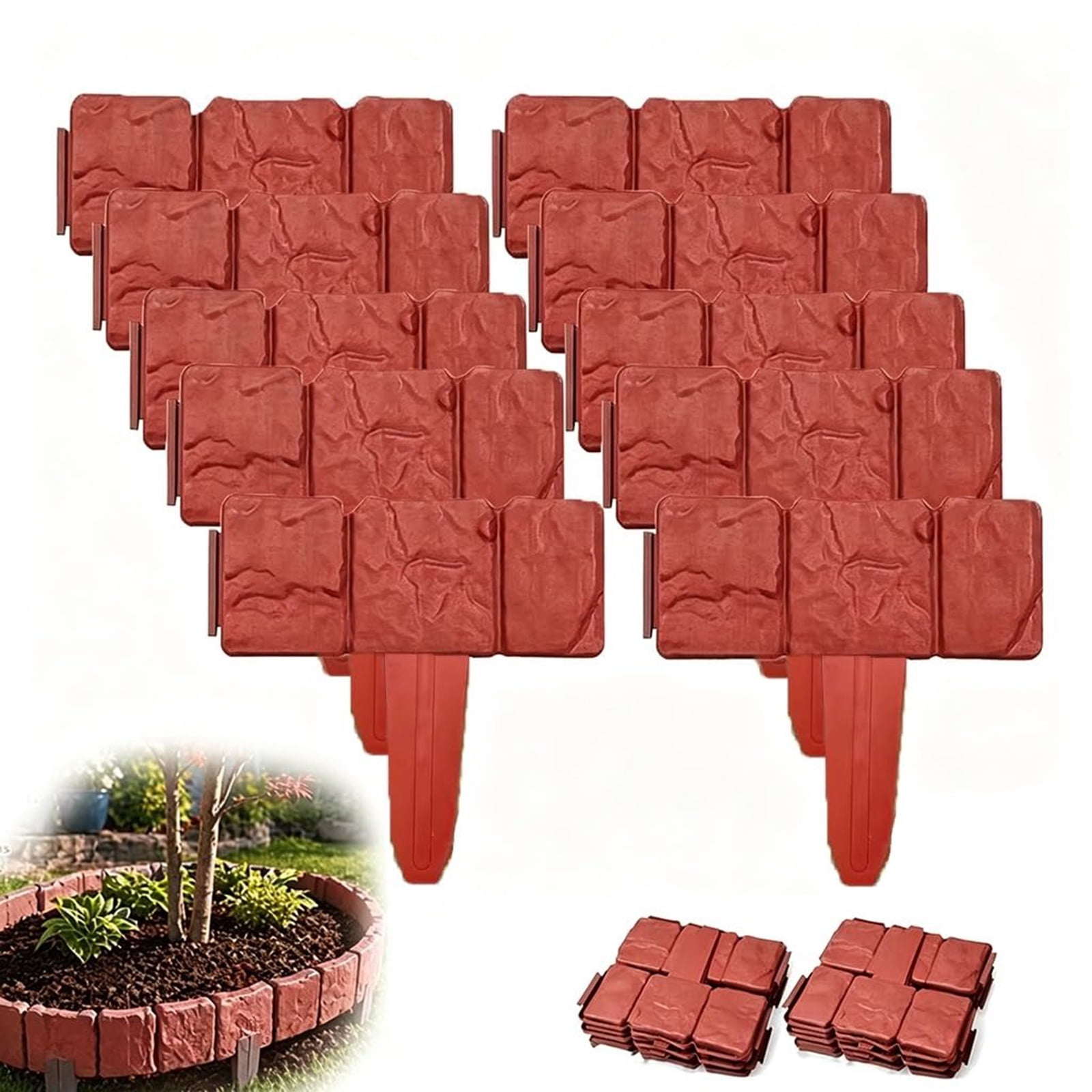 Faux Stone Landscape Edging, No-Dig Plastic Garden Border Fence, Interlocking Lawn Edging for Flower Beds & Pathways