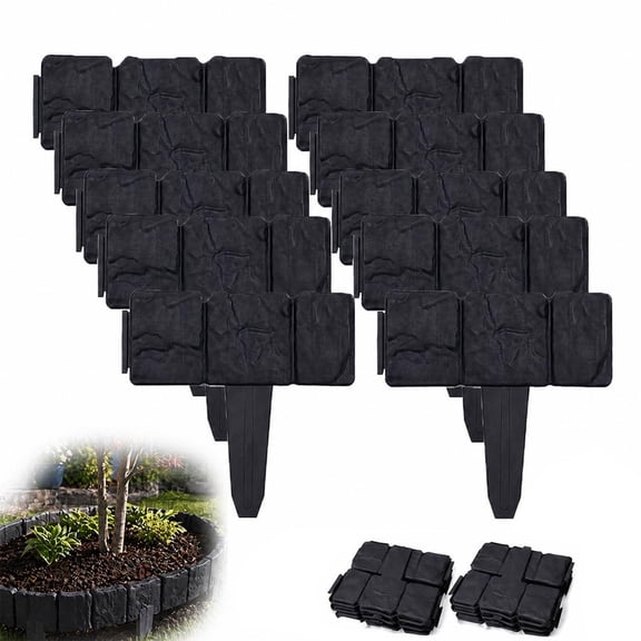 Faux Stone Landscape Edging, No-Dig Plastic Garden Border Fence, Interlocking Lawn Edging for Flower Beds & Pathways