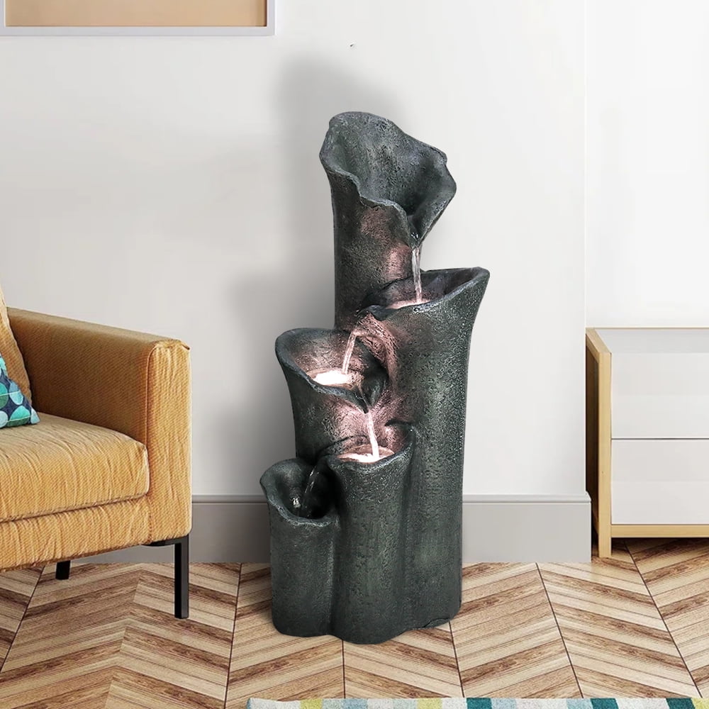 Faux Stone Patio Water Fountain 28.7" H, Bell 5-Tier Cascading Floor Fountain Indoor Outdoor Waterfall Feature with LED Lights for Home Garden Decor