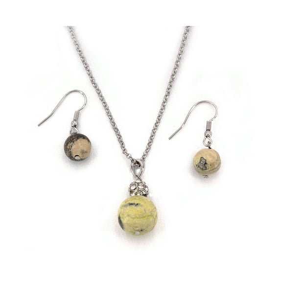 Faux Stone Round Charm Necklace & Earring Set - Olive - NE-11871OL