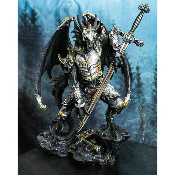 Faux Stone Silver Armored Dragon Holding Excalibur Dagger Blade Sword Statue