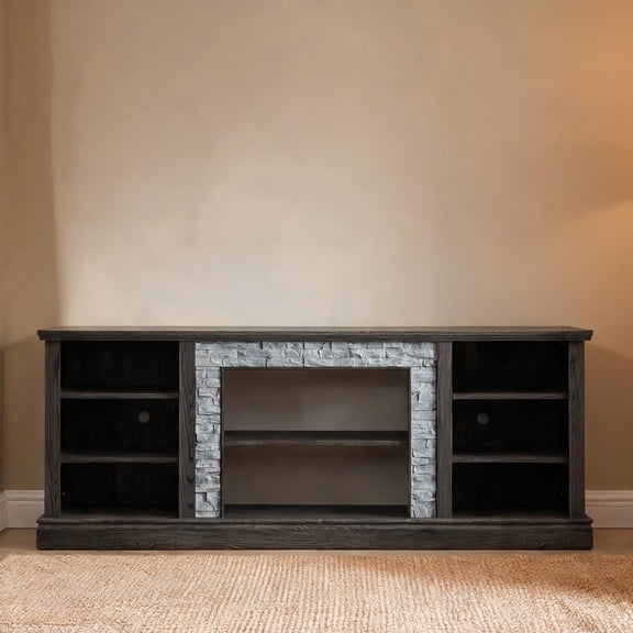 Faux Stone Surround Media Console for Living Room, Soft Gray MDF, 70-Inch Wide TV Stand with Storage and Cable Management