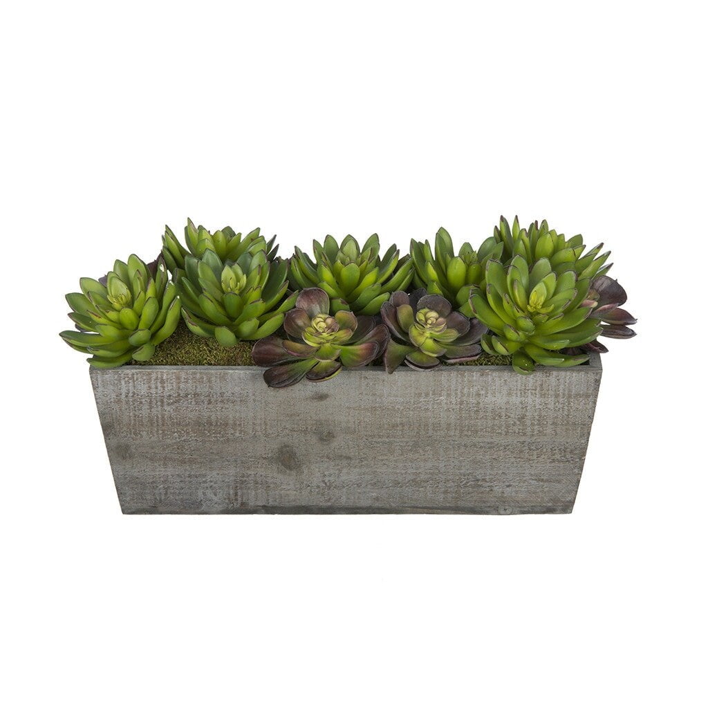 Rustic Gray Washed Wood Planter with Faux Succulent Garden
