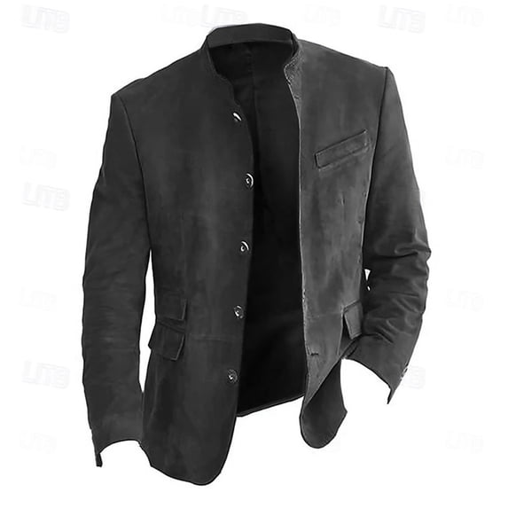 Faux Suede Blazer Jackets for Men Button Down Casual Vintage Jacket Multi-pocket Stand Collar Work Suit Coats Dark Gray M