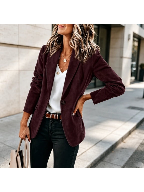Faux Suede Blazer Women Notch Lapel Single Button Shoulder Pads Office Fashion Coat