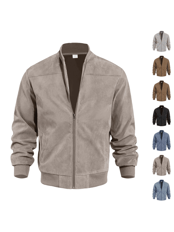 Faux Suede Bomber Jacket Men Lightweight Wind Breaker Leather Zip Up Fall Winter Dress Coat Brown M