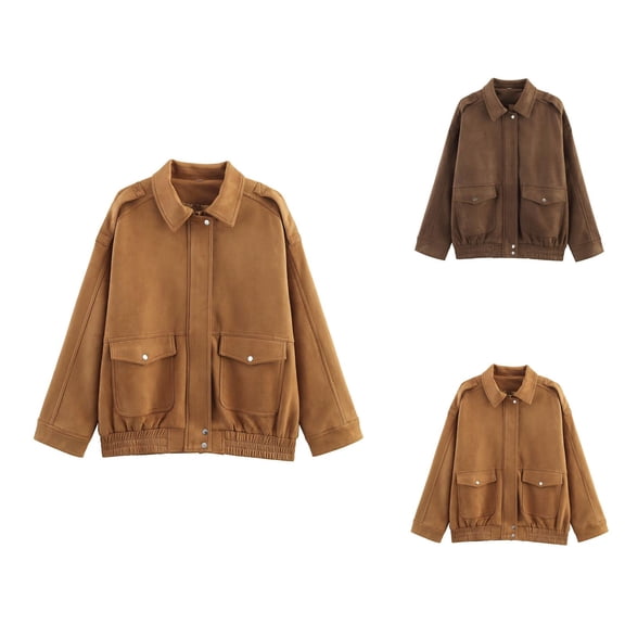 Faux Suede Bomber Jacket for Women Long Sleeve Faux Suede Lapel Zip Up Casual Jackets with Pockets Outerwear