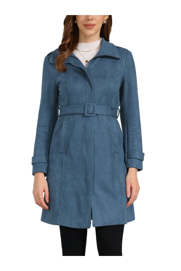 Faux Suede Coat for Women's Belted Long Zipper Jacket with Fashionable Design L Blue