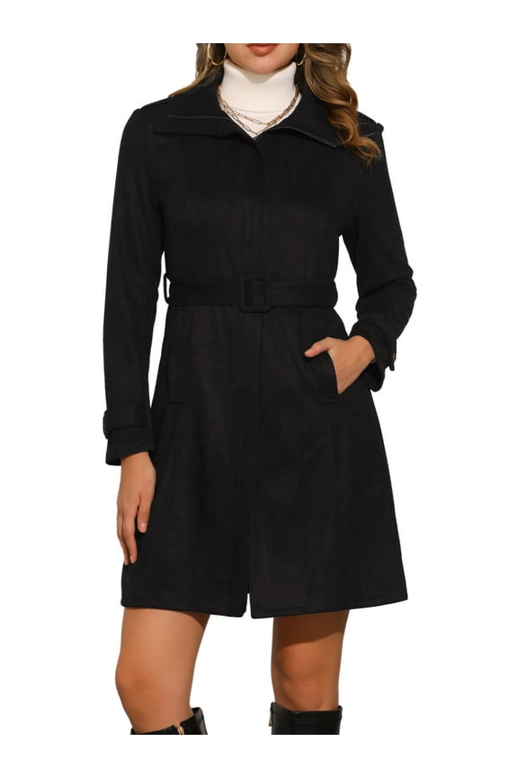 Faux Suede Coat for Women's Belted Long Zipper Jacket with Fashionable Design M Black