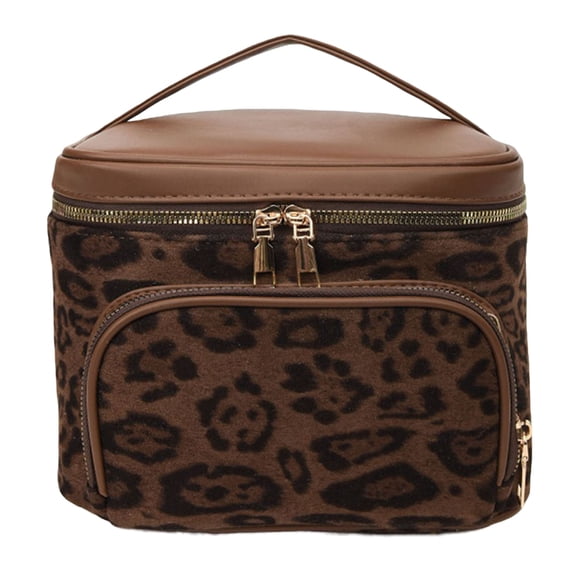 Faux Suede Cosmetic Bag, Leopard Print Make Up Bag, Multi-Layer Storage Bag for Travel Shopping Work, Coffee