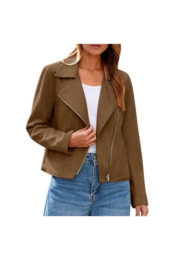 Faux Suede Crop Jackets Womens Long Sleeve Notched Lapel Neck Casual Zipper Cropped Biker Moto Coat Fall Winter (2XL, Brown)