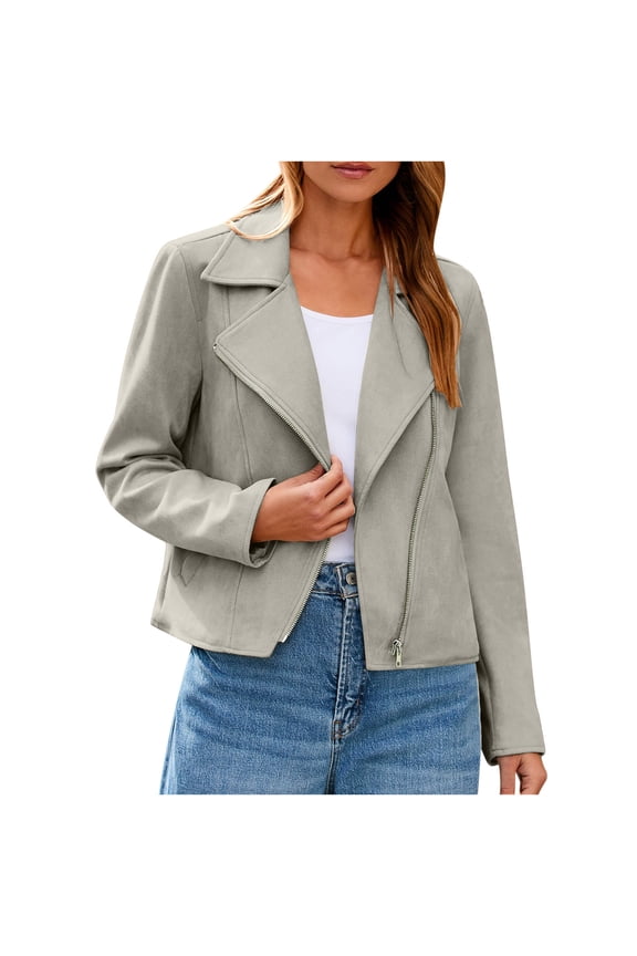 Faux Suede Crop Jackets Womens Long Sleeve Notched Lapel Neck Casual Zipper Cropped Biker Moto Coat Fall Winter (XL, Gray)