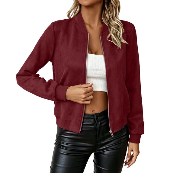 Faux Suede Cropped Coat for Women's Stand Collar Zip Up Biker Moto Bomber Jackets Wine M(M)