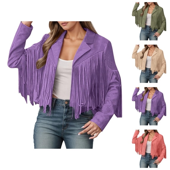 Suede Cropped Fringe Jacket for Women Long Sleeve Slim Fit Tassel Notched Lapel Motorcycle Jacket Outerwear
