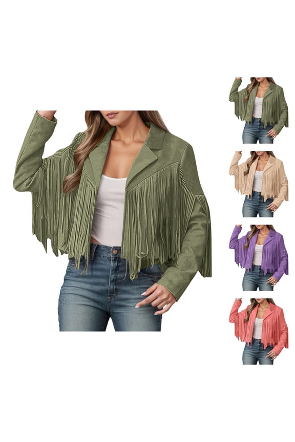 Suede Cropped Fringe Jacket for Women Long Sleeve Slim Fit Tassel Notched Lapel Motorcycle Jacket Outerwear