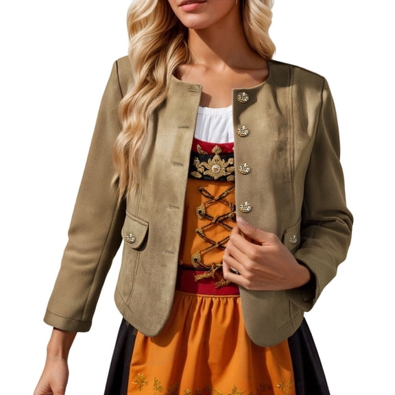 Suede Cropped Jacket for Women Long Sleeve Button Down Crewneck Business Casual Jackets with Pockets Outerwear