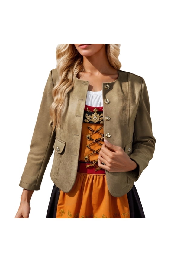 Suede Cropped Jacket for Women Long Sleeve Button Down Crewneck Business Casual Jackets with Pockets Outerwear