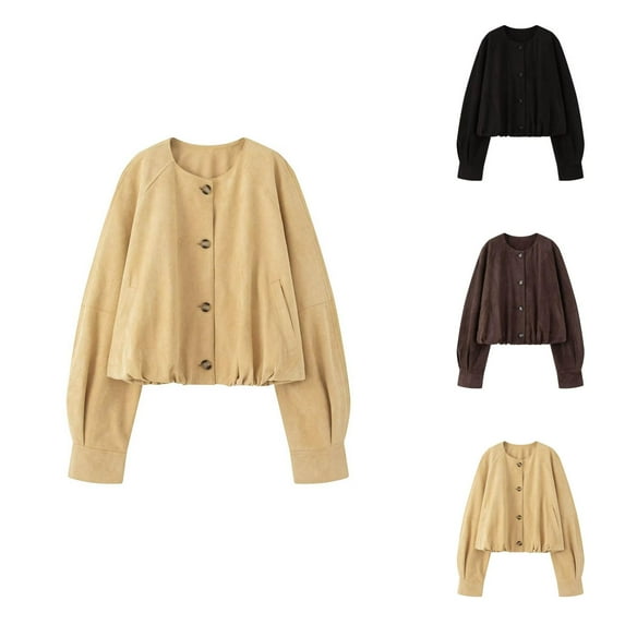 Suede Cropped Jacket for Women Long Sleeve Crewneck Button Down Fall Jackets with Pockets Outerwear