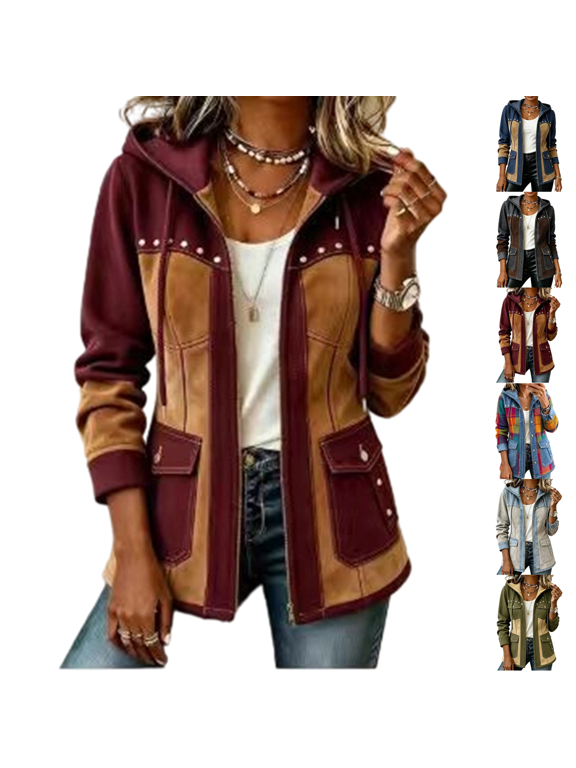 Faux Suede Denim Blazer for Women Casual Patchwork Jean Jacket Fall Winter Collared Zip Up Long Sleeve Shacket with Pockets Wine S