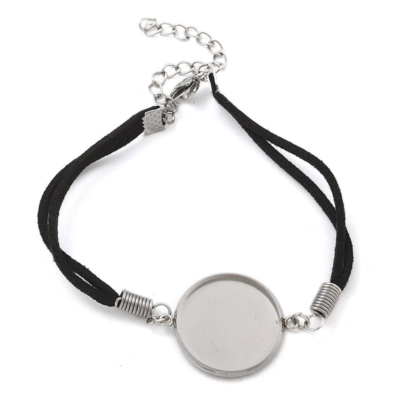 Faux Suede Double Cord Bracelet Making with 304 Stainless Steel Round Tray Stainless Steel color Black 7-1/4 inch(18.4cm) Tray: 20mm 304 Stainless Steel