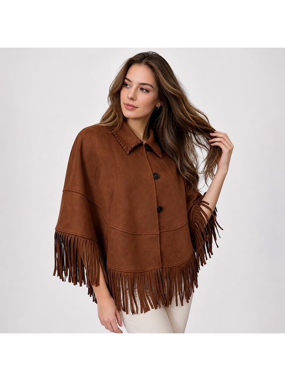 Faux Suede Fringe Hem Cape Poncho Jacket