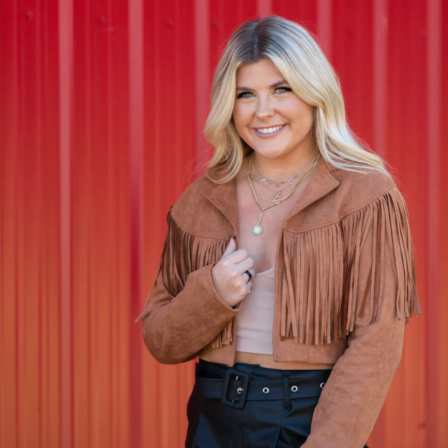 Camel fringe jacket top